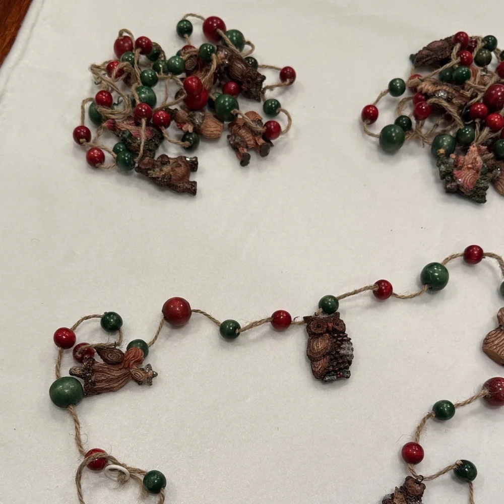 Vintage Red and Green Beaded Garland with Wooden Figures